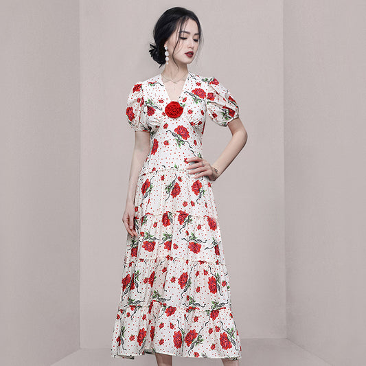 CM-DY065742 Women Elegant European Style Puff Sleeve Floral Printing High Waist Dress