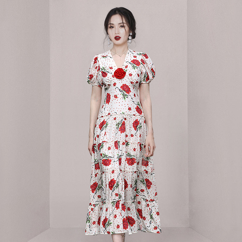 CM-DY065742 Women Elegant European Style Puff Sleeve Floral Printing High Waist Dress
