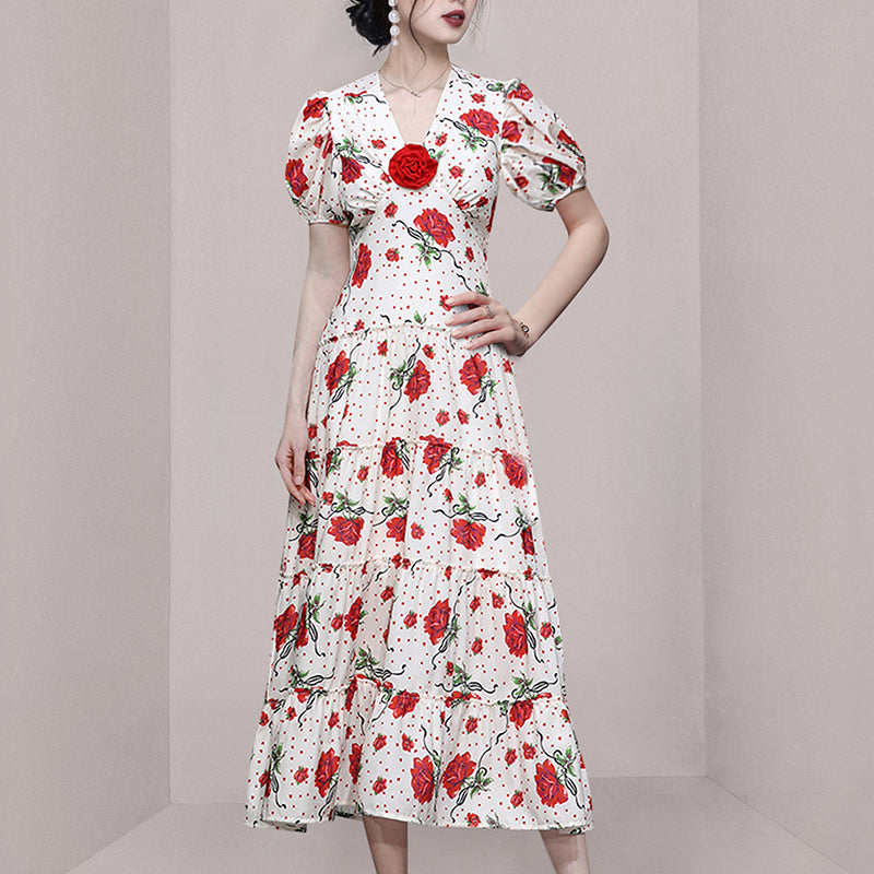 CM-DY065742 Women Elegant European Style Puff Sleeve Floral Printing High Waist Dress