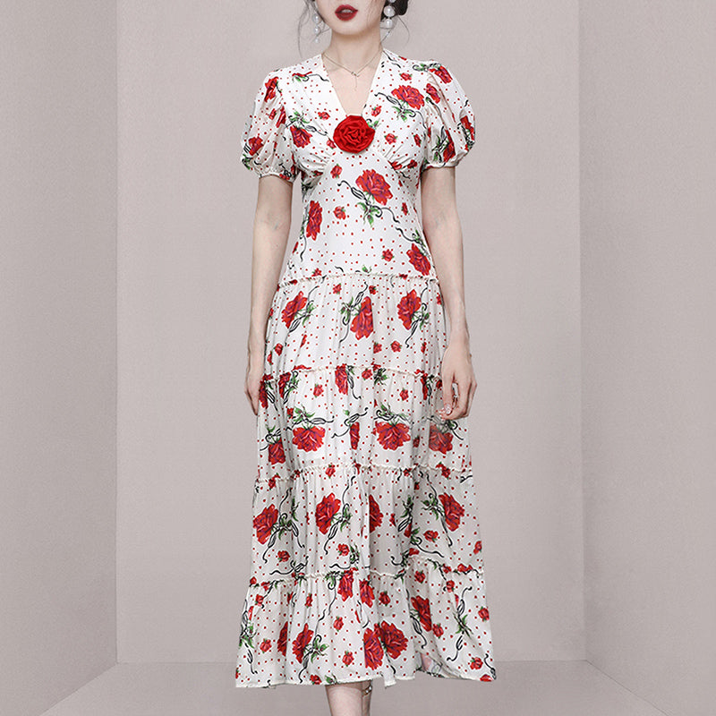 CM-DY065742 Women Elegant European Style Puff Sleeve Floral Printing High Waist Dress