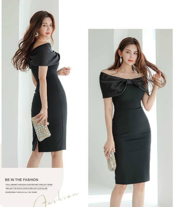 CM-DY065743 Women Elegant Seoul Style Bow Off The Shoulder Pinched Waist Midi Dress