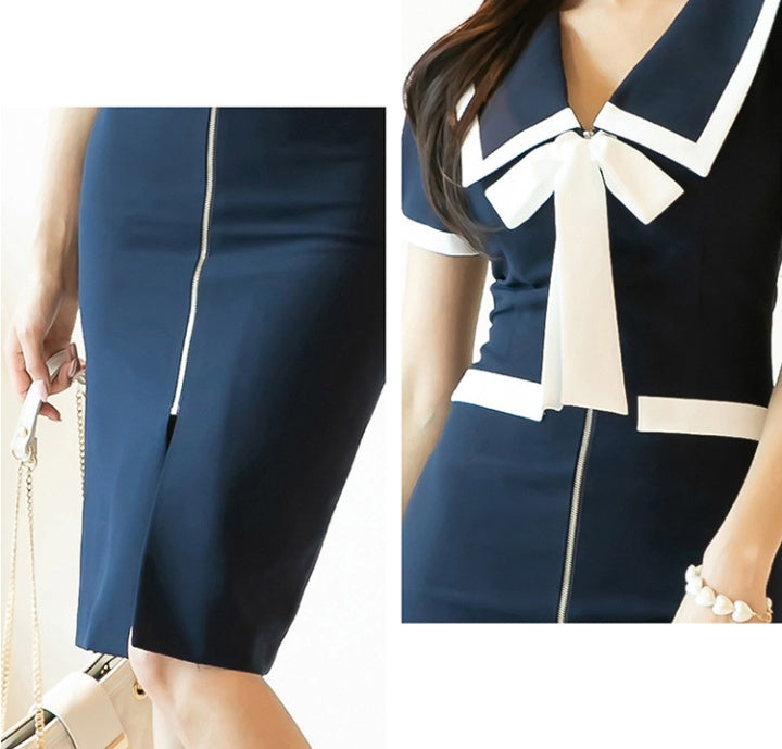 CM-DY065746 Women Casual Seoul Style Slim Bow Puff Sleeve High Waist Midi Dress