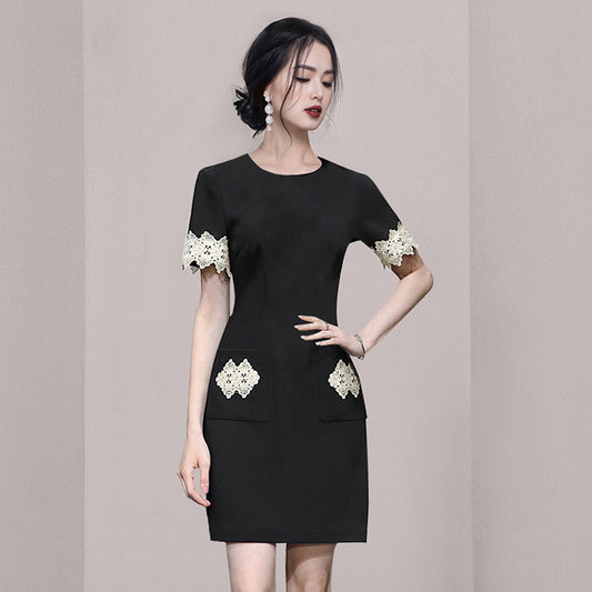 CM-DY065748 Women Elegant European Style Round Neck Short Sleeve Lace Slim Mini Dress - Black