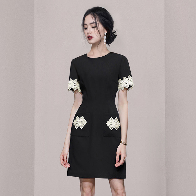 CM-DY065748 Women Elegant European Style Round Neck Short Sleeve Lace Slim Mini Dress - Black