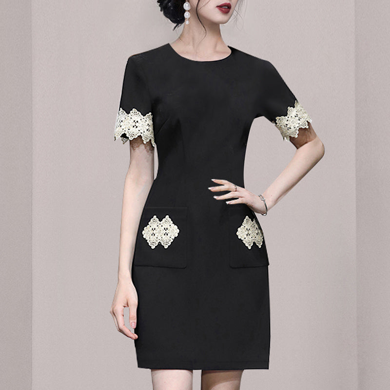 CM-DY065748 Women Elegant European Style Round Neck Short Sleeve Lace Slim Mini Dress - Black