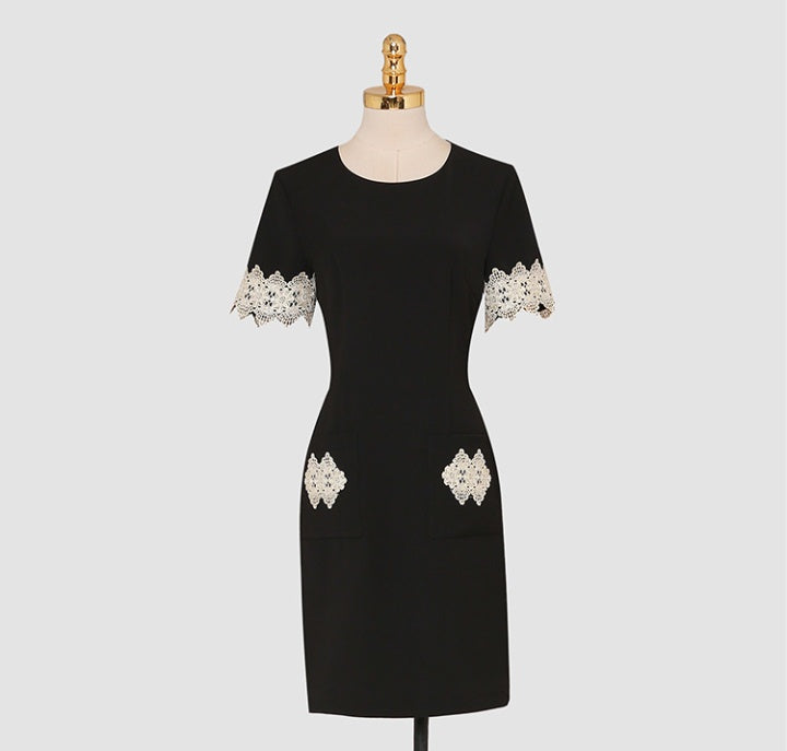 CM-DY065748 Women Elegant European Style Round Neck Short Sleeve Lace Slim Mini Dress - Black