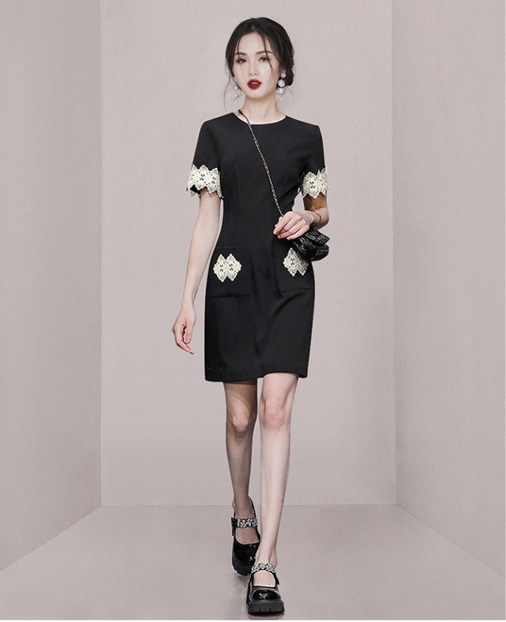 CM-DY065748 Women Elegant European Style Round Neck Short Sleeve Lace Slim Mini Dress - Black