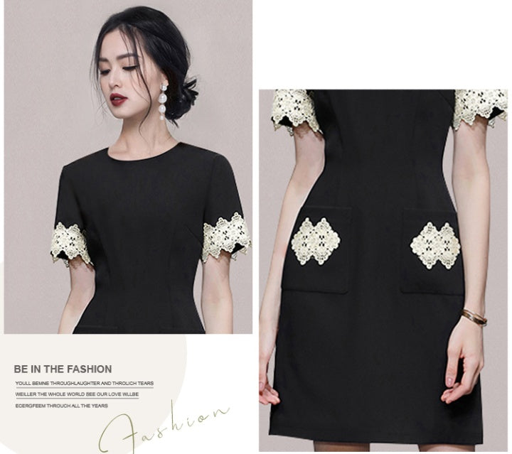 CM-DY065748 Women Elegant European Style Round Neck Short Sleeve Lace Slim Mini Dress - Black