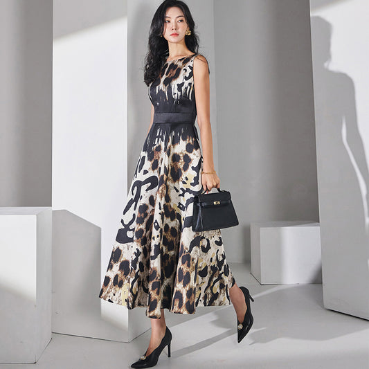 CM-DY066177 Women Elegant Seoul Style Round Neck Sleeveless Geometric Prints Long Dress