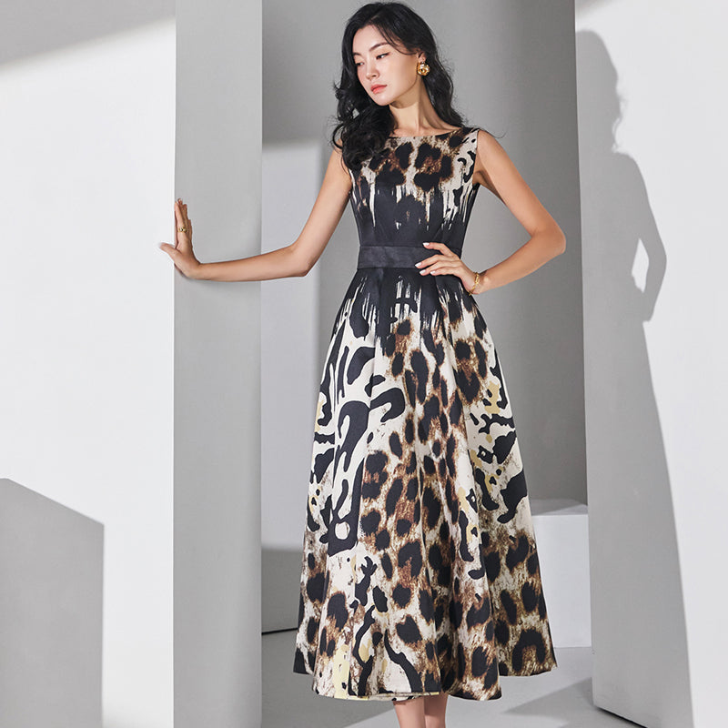 CM-DY066177 Women Elegant Seoul Style Round Neck Sleeveless Geometric Prints Long Dress