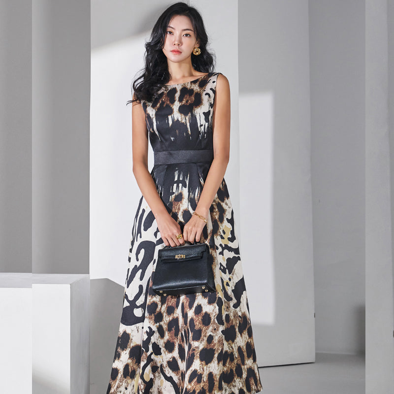 CM-DY066177 Women Elegant Seoul Style Round Neck Sleeveless Geometric Prints Long Dress