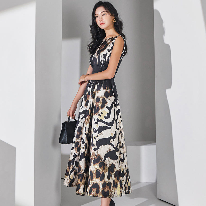 CM-DY066177 Women Elegant Seoul Style Round Neck Sleeveless Geometric Prints Long Dress