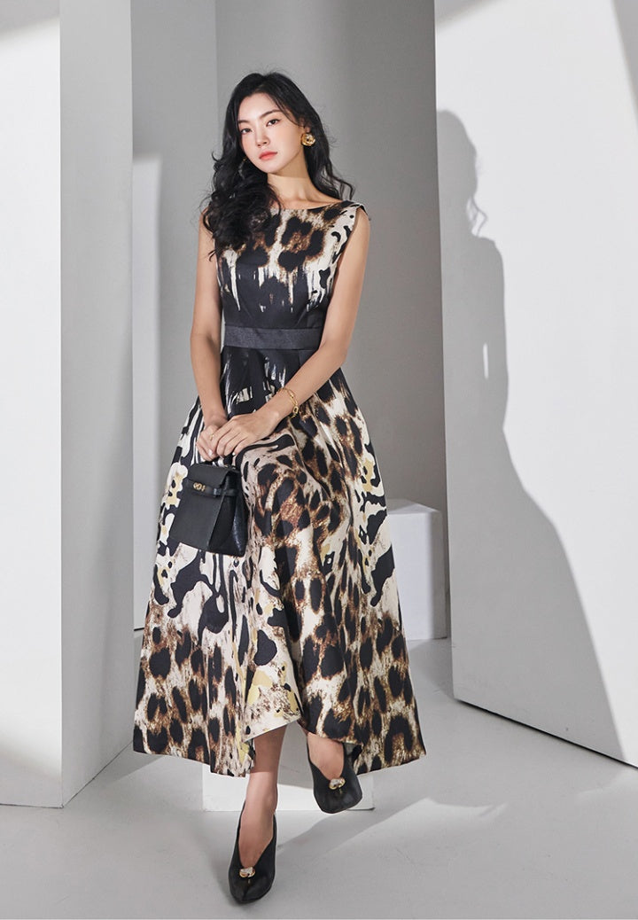 CM-DY066177 Women Elegant Seoul Style Round Neck Sleeveless Geometric Prints Long Dress