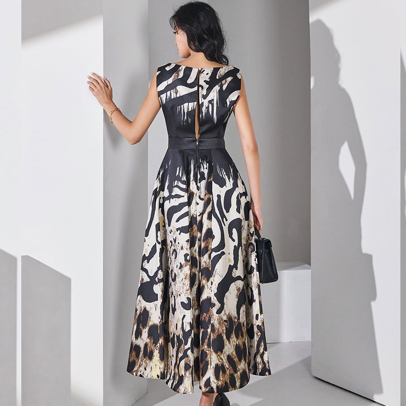 CM-DY066177 Women Elegant Seoul Style Round Neck Sleeveless Geometric Prints Long Dress
