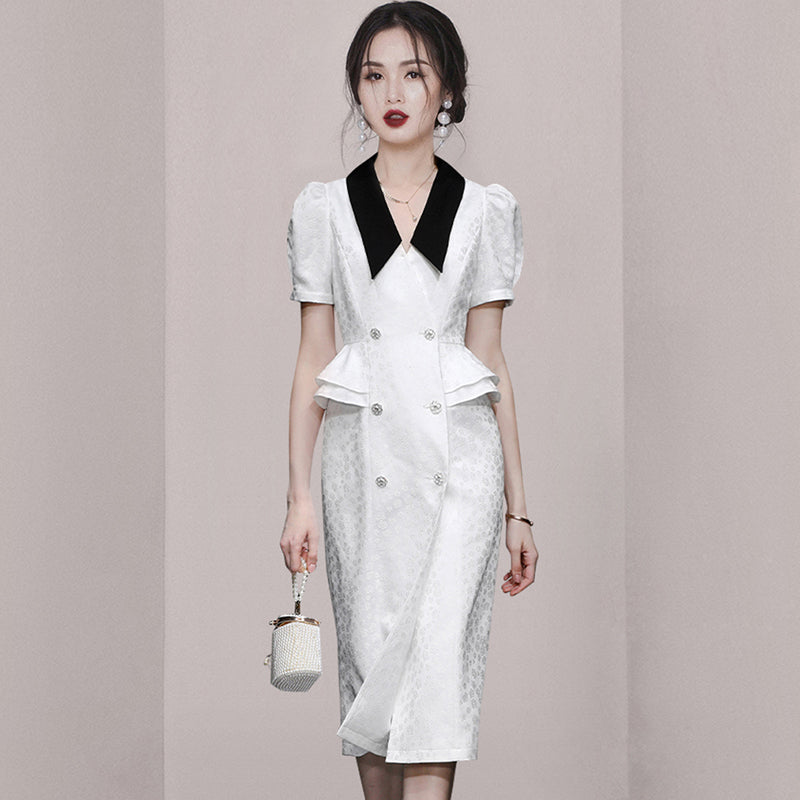 CM-DY066381 Women Elegant European Style Lapel Neckline Short Sleeve Double-Breasted Dress (Available in 2 colors)