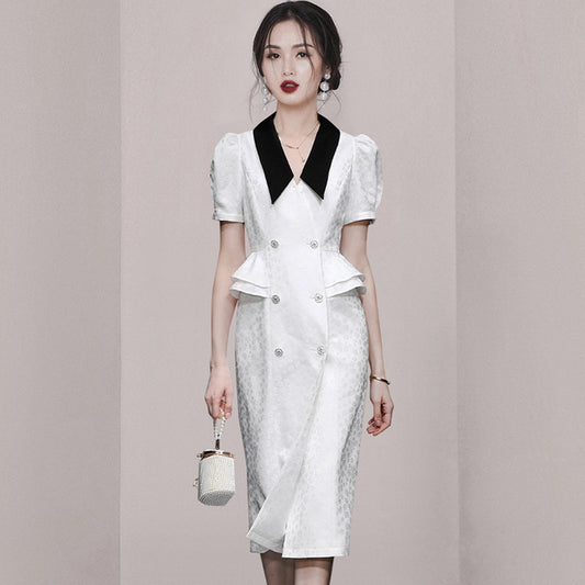 CM-DY066381 Women Elegant European Style Lapel Neckline Short Sleeve Double-Breasted Dress (Available in 2 colors)