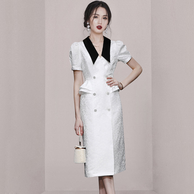 CM-DY066381 Women Elegant European Style Lapel Neckline Short Sleeve Double-Breasted Dress (Available in 2 colors)