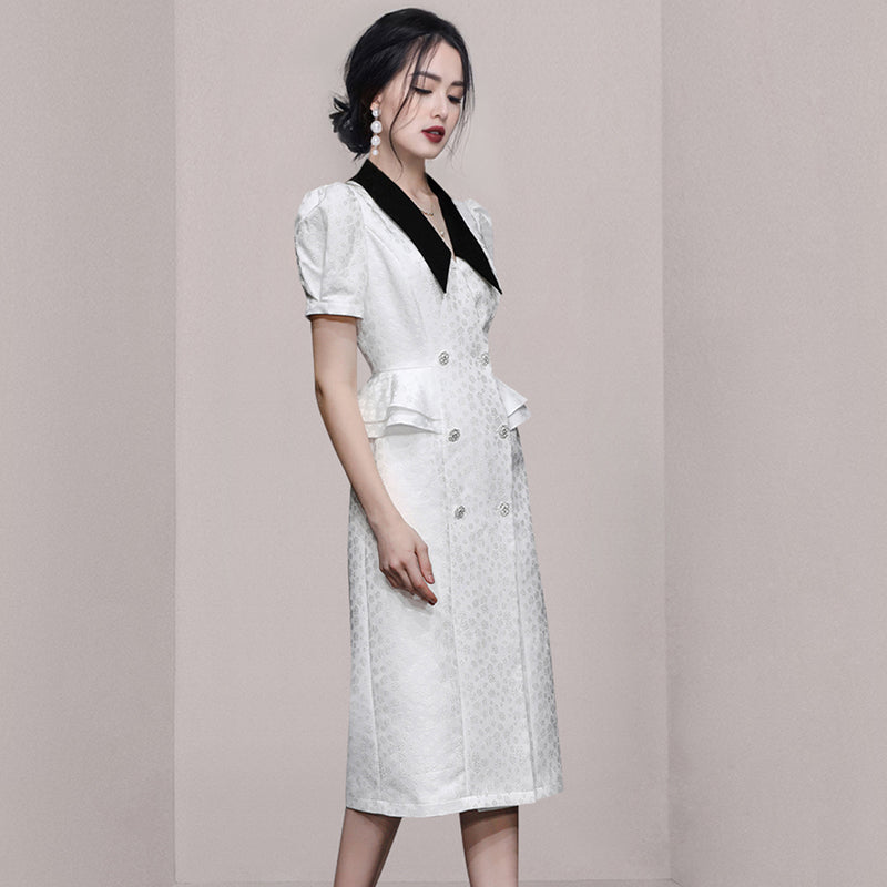CM-DY066381 Women Elegant European Style Lapel Neckline Short Sleeve Double-Breasted Dress (Available in 2 colors)