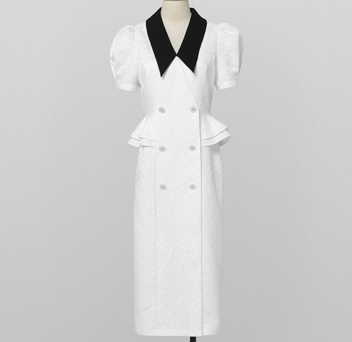 CM-DY066381 Women Elegant European Style Lapel Neckline Short Sleeve Double-Breasted Dress (Available in 2 colors)