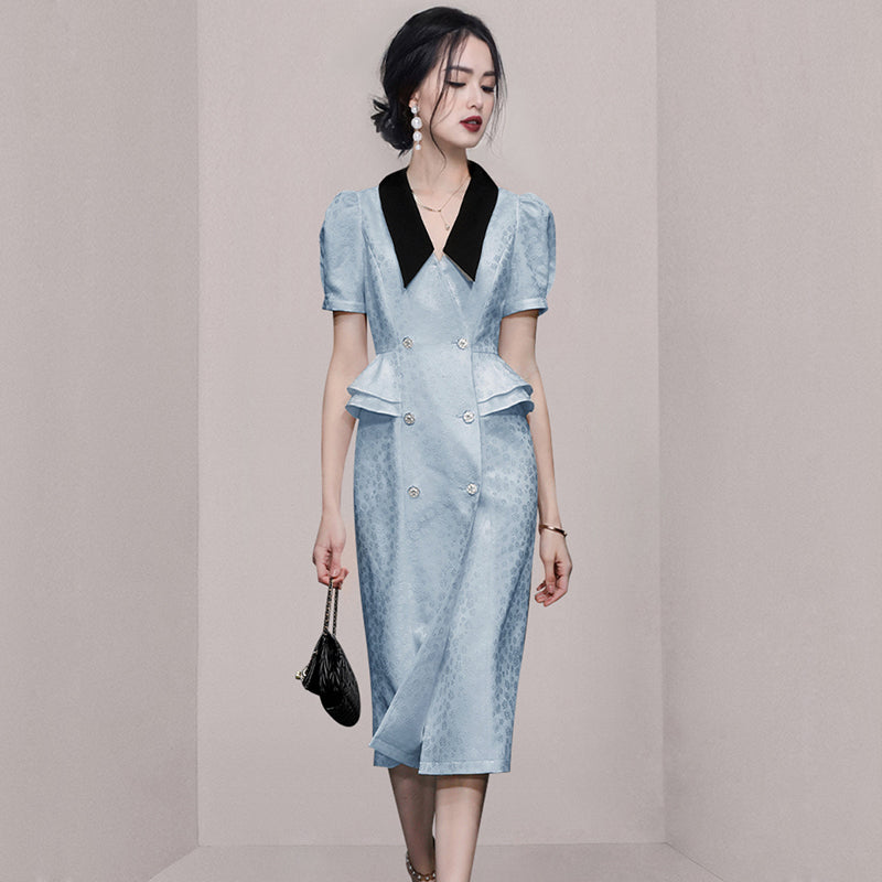 CM-DY066381 Women Elegant European Style Lapel Neckline Short Sleeve Double-Breasted Dress (Available in 2 colors)