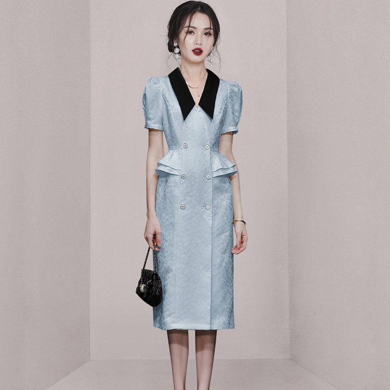 CM-DY066381 Women Elegant European Style Lapel Neckline Short Sleeve Double-Breasted Dress (Available in 2 colors)