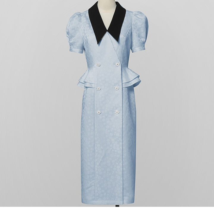 CM-DY066381 Women Elegant European Style Lapel Neckline Short Sleeve Double-Breasted Dress (Available in 2 colors)