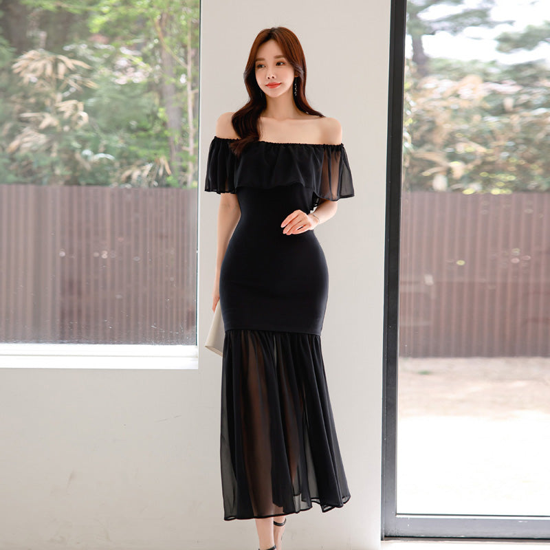 CM-DY066480 Women Elegant Seoul Style Off The Shoulder Pinched Waist Ruffle Dress - Black