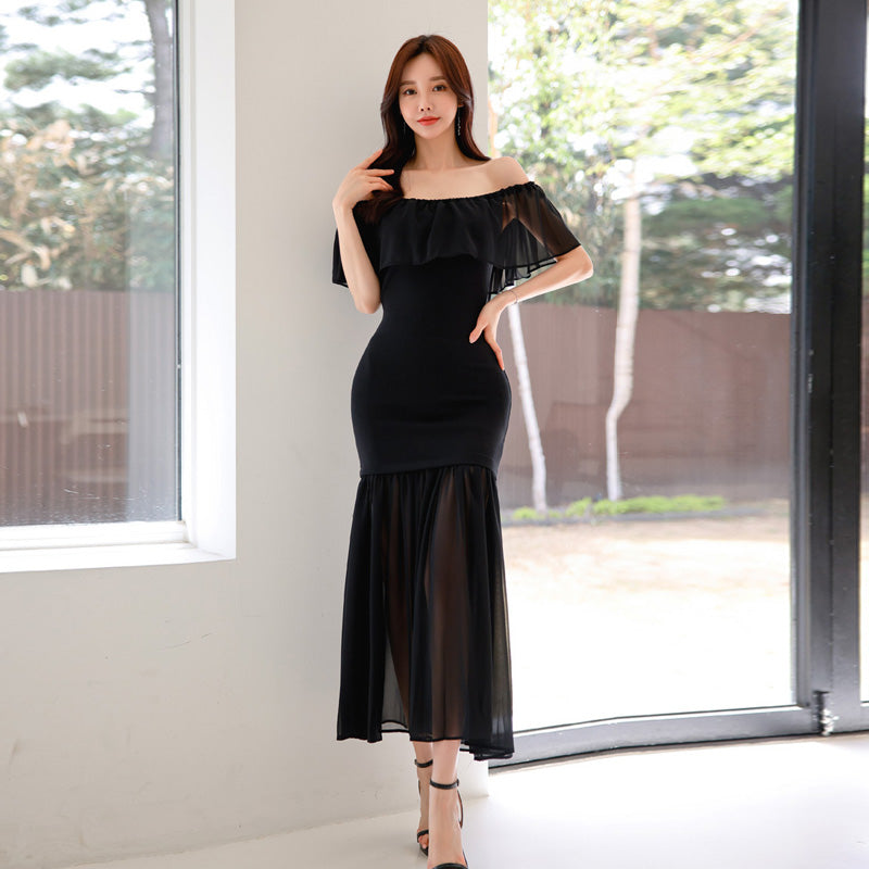 CM-DY066480 Women Elegant Seoul Style Off The Shoulder Pinched Waist Ruffle Dress - Black