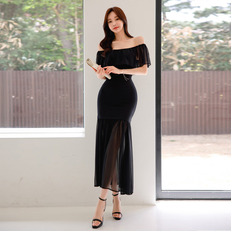 CM-DY066480 Women Elegant Seoul Style Off The Shoulder Pinched Waist Ruffle Dress - Black