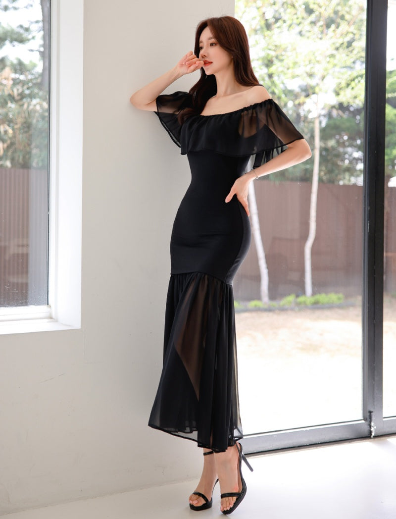 CM-DY066480 Women Elegant Seoul Style Off The Shoulder Pinched Waist Ruffle Dress - Black