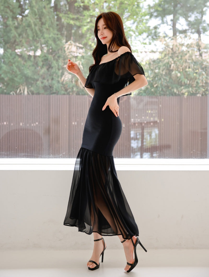 CM-DY066480 Women Elegant Seoul Style Off The Shoulder Pinched Waist Ruffle Dress - Black