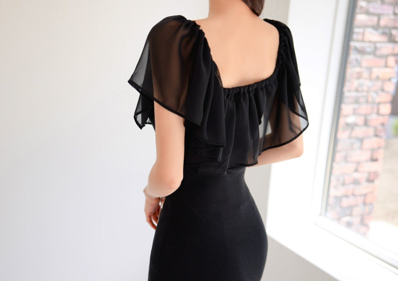 CM-DY066480 Women Elegant Seoul Style Off The Shoulder Pinched Waist Ruffle Dress - Black