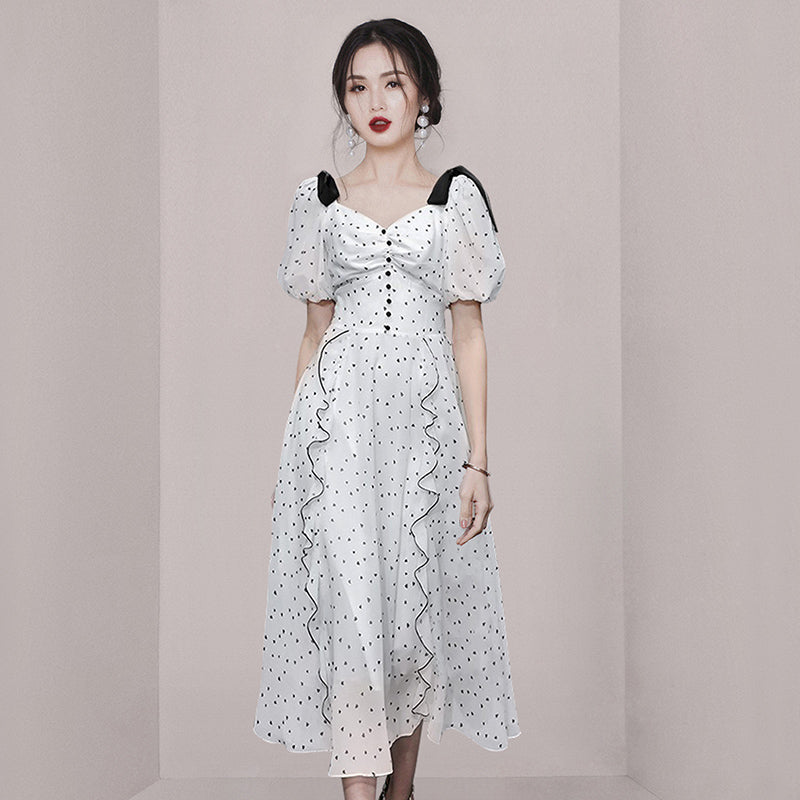 CM-DY066885 Women Elegant European Style Puff Sleeve Lotus Leaf Edges Pinched Waist Dress