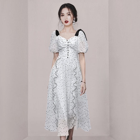 CM-DY066885 Women Elegant European Style Puff Sleeve Lotus Leaf Edges Pinched Waist Dress
