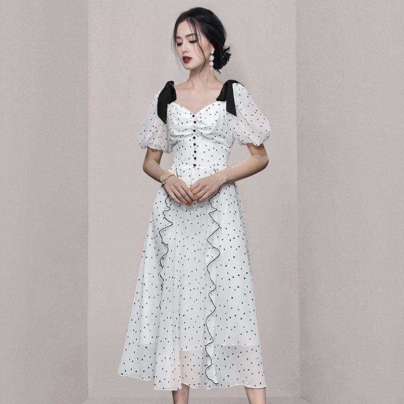 CM-DY066885 Women Elegant European Style Puff Sleeve Lotus Leaf Edges Pinched Waist Dress
