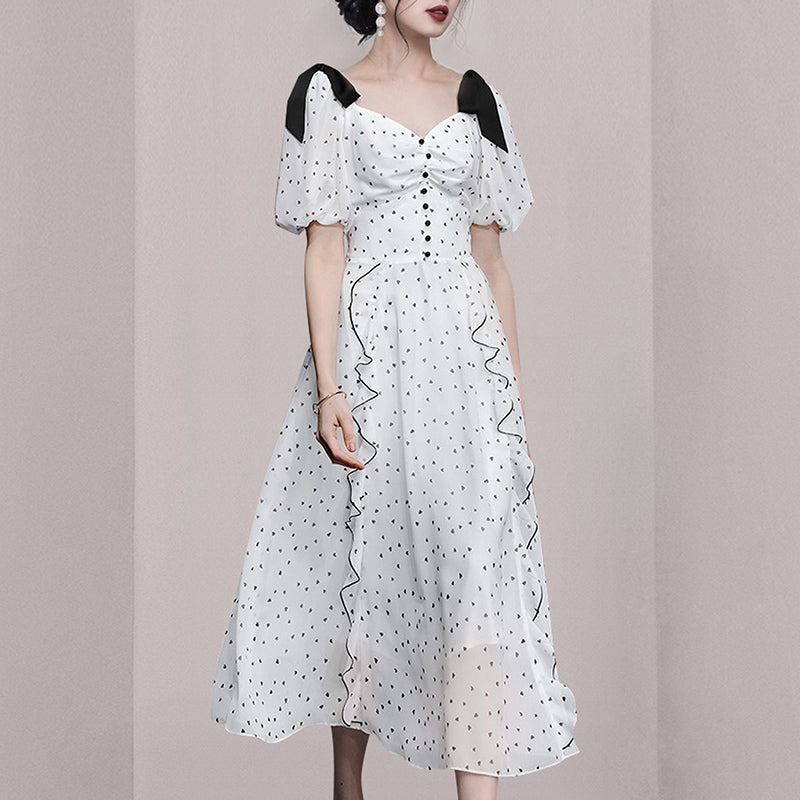 CM-DY066885 Women Elegant European Style Puff Sleeve Lotus Leaf Edges Pinched Waist Dress