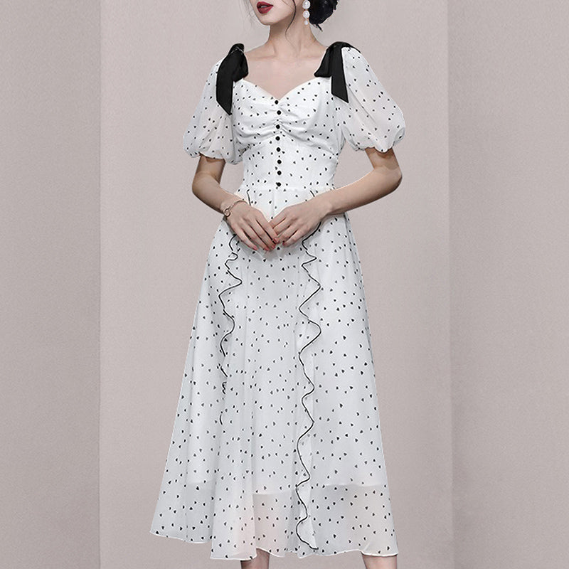 CM-DY066885 Women Elegant European Style Puff Sleeve Lotus Leaf Edges Pinched Waist Dress