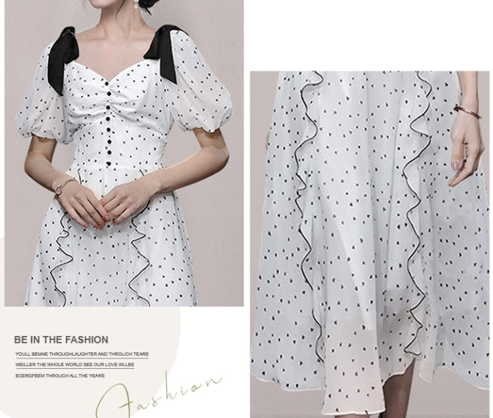 CM-DY066885 Women Elegant European Style Puff Sleeve Lotus Leaf Edges Pinched Waist Dress