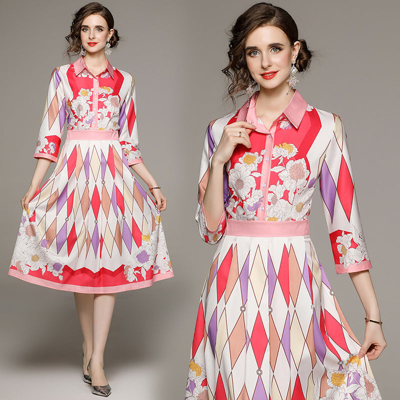 CM-DY058492 Women Elegant European Style Printing Pinched Waist Slim Dress