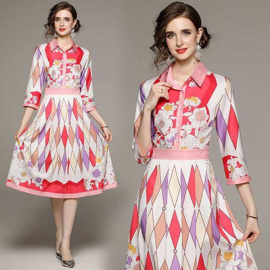 CM-DY058492 Women Elegant European Style Printing Pinched Waist Slim Dress