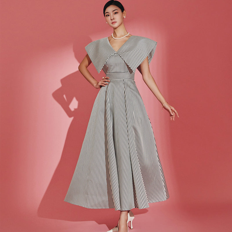 CM-DY067721 Women Elegant Seoul Style Stripe V-Neck Cap Sleeve High Waist Midi Dress