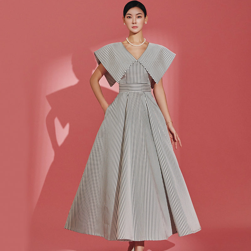 CM-DY067721 Women Elegant Seoul Style Stripe V-Neck Cap Sleeve High Waist Midi Dress