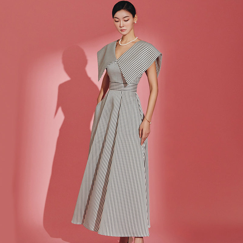 CM-DY067721 Women Elegant Seoul Style Stripe V-Neck Cap Sleeve High Waist Midi Dress