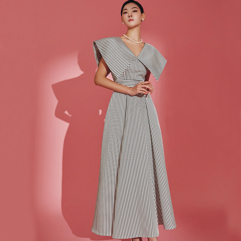 CM-DY067721 Women Elegant Seoul Style Stripe V-Neck Cap Sleeve High Waist Midi Dress