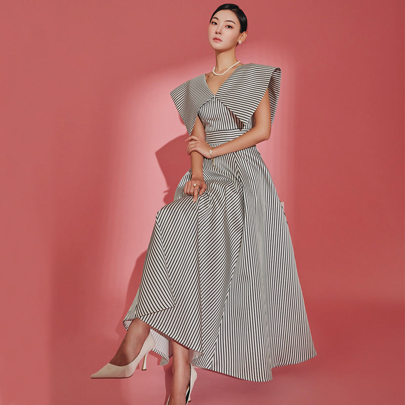 CM-DY067721 Women Elegant Seoul Style Stripe V-Neck Cap Sleeve High Waist Midi Dress