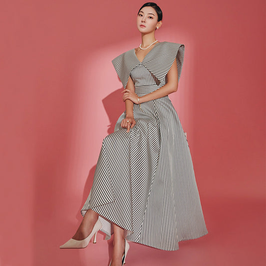 CM-DY067721 Women Elegant Seoul Style Stripe V-Neck Cap Sleeve High Waist Midi Dress