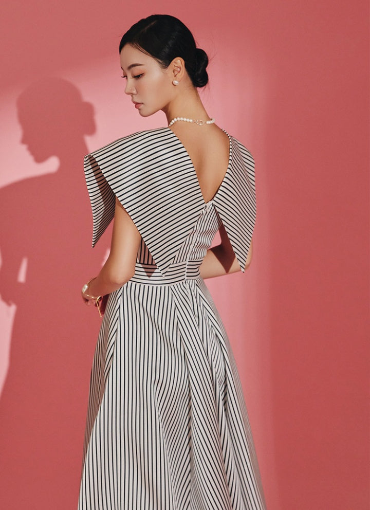 CM-DY067721 Women Elegant Seoul Style Stripe V-Neck Cap Sleeve High Waist Midi Dress