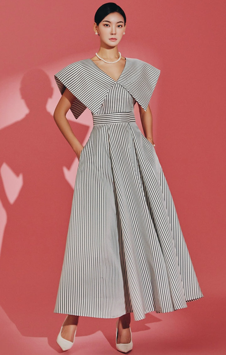 CM-DY067721 Women Elegant Seoul Style Stripe V-Neck Cap Sleeve High Waist Midi Dress
