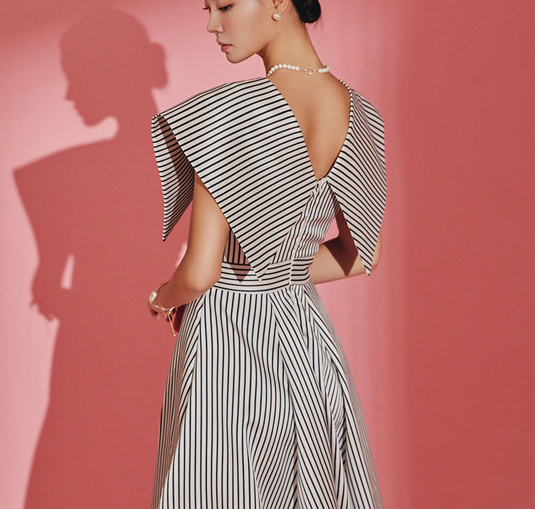 CM-DY067721 Women Elegant Seoul Style Stripe V-Neck Cap Sleeve High Waist Midi Dress