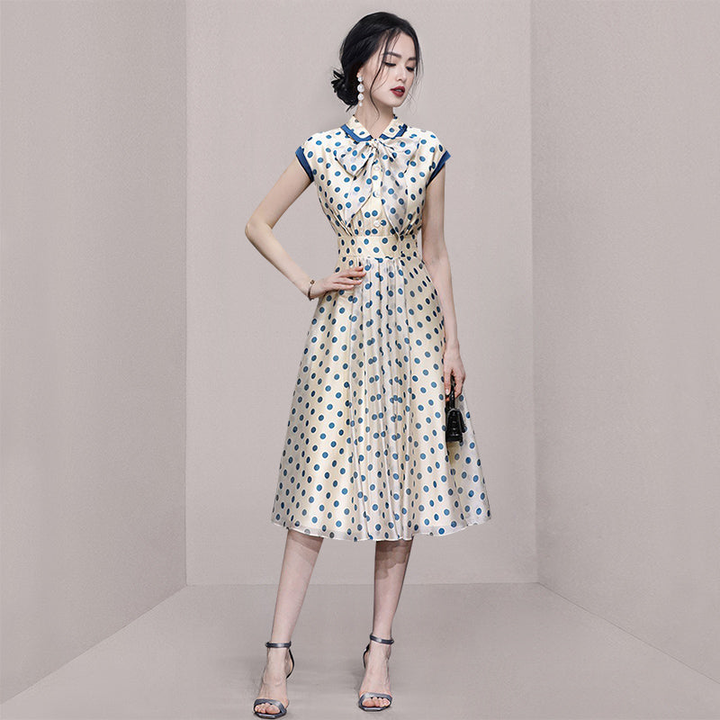 CM-DY067762 Women Elegant European Style Doll Collar Bow Polka Dot Pinched Waist Slim Dress